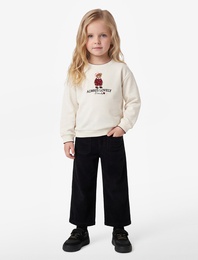 Uzun Kollu İki İplik Şardonlu Pamuklu Bisiklet Yaka Ayıcık Nakışlı Sweatshirt