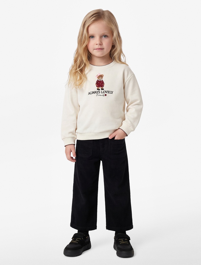 Kız Bebek Uzun Kollu İki İplik Şardonlu Pamuklu Bisiklet Yaka Ayıcık Nakışlı Sweatshirt