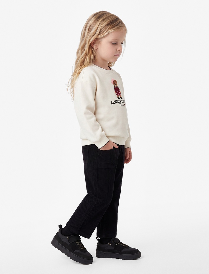 Kız Bebek Uzun Kollu İki İplik Şardonlu Pamuklu Bisiklet Yaka Ayıcık Nakışlı Sweatshirt