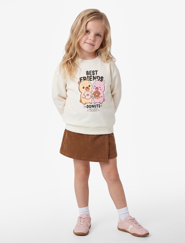 Kız Bebek Uzun Kollu Üç İplik Bisiklet Yaka Ayıcık Baskılı Sweatshirt