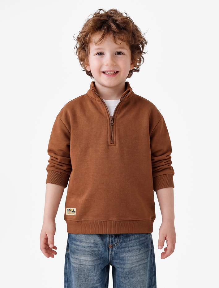 Erkek Bebek Şardonlu Dik Yaka Yarım Fermuarlı Uzun Kollu Oversize Sweatshirt