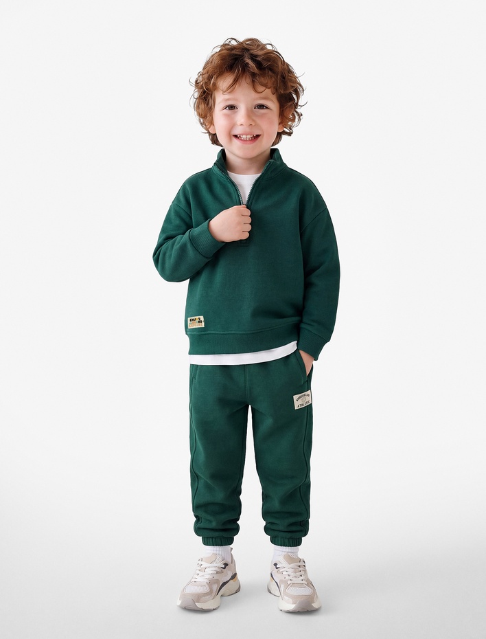 Erkek Bebek Şardonlu Dik Yaka Yarım Fermuarlı Uzun Kollu Oversize Sweatshirt