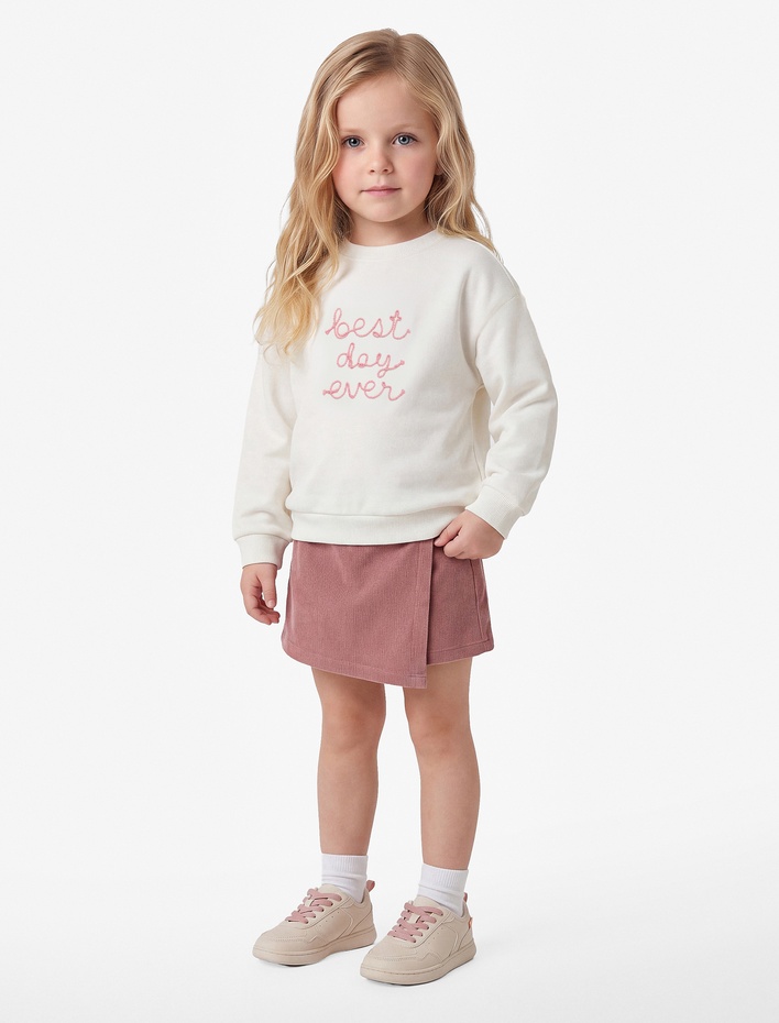 Kız Bebek Şardonlu Bisiklet Yaka Uzun Kollu İşlemeli Sweatshirt