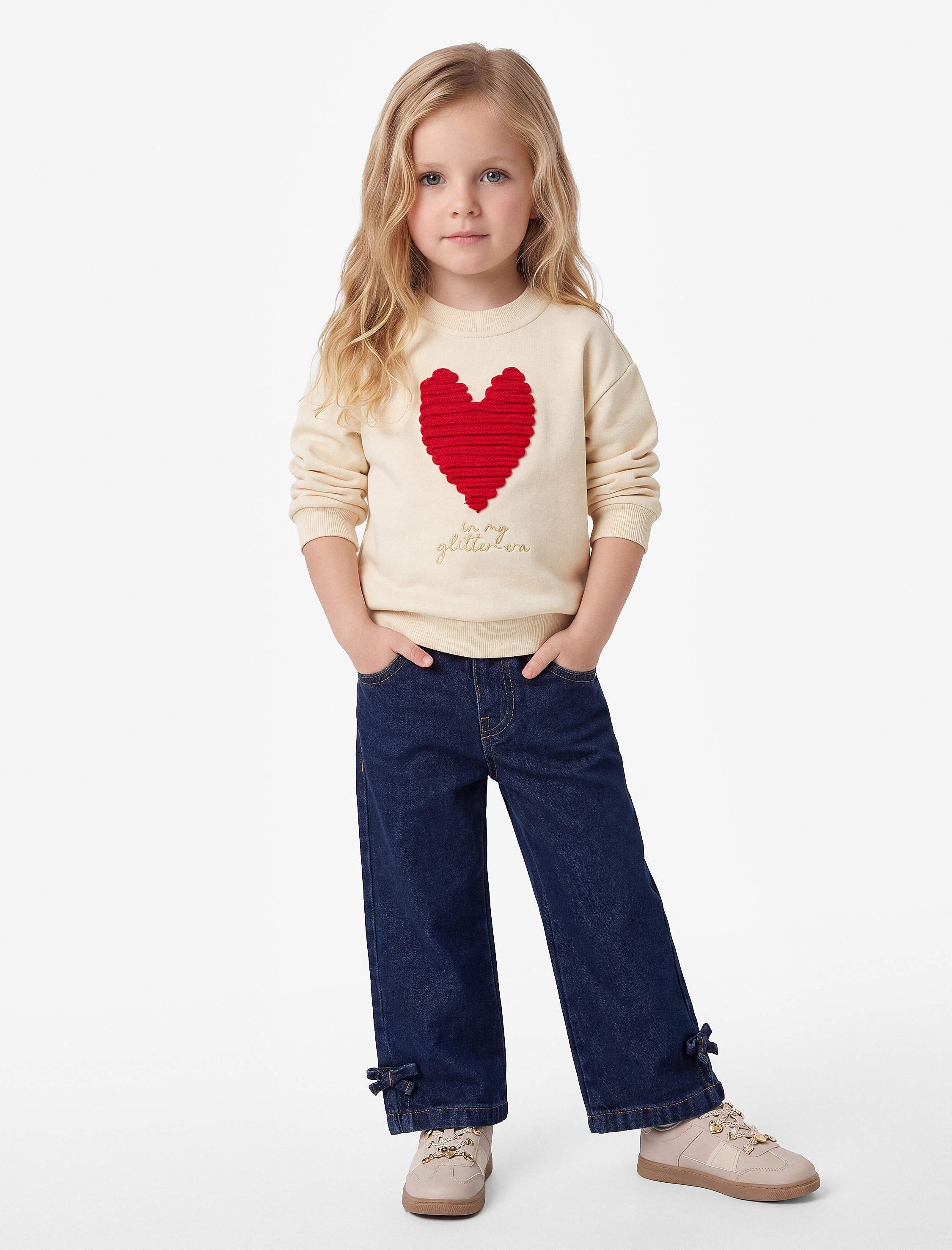  Kız Bebek Kalp Baskılı Şardonlu Bisiklet Yaka Uzun Kollu Sweatshirt