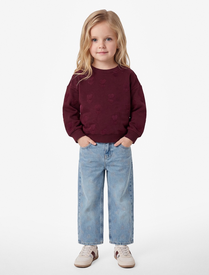 Kız Bebek Kalp Desenli Şardonlu Uzun Kollu Bisiklet Yaka Pamuklu Sweatshirt