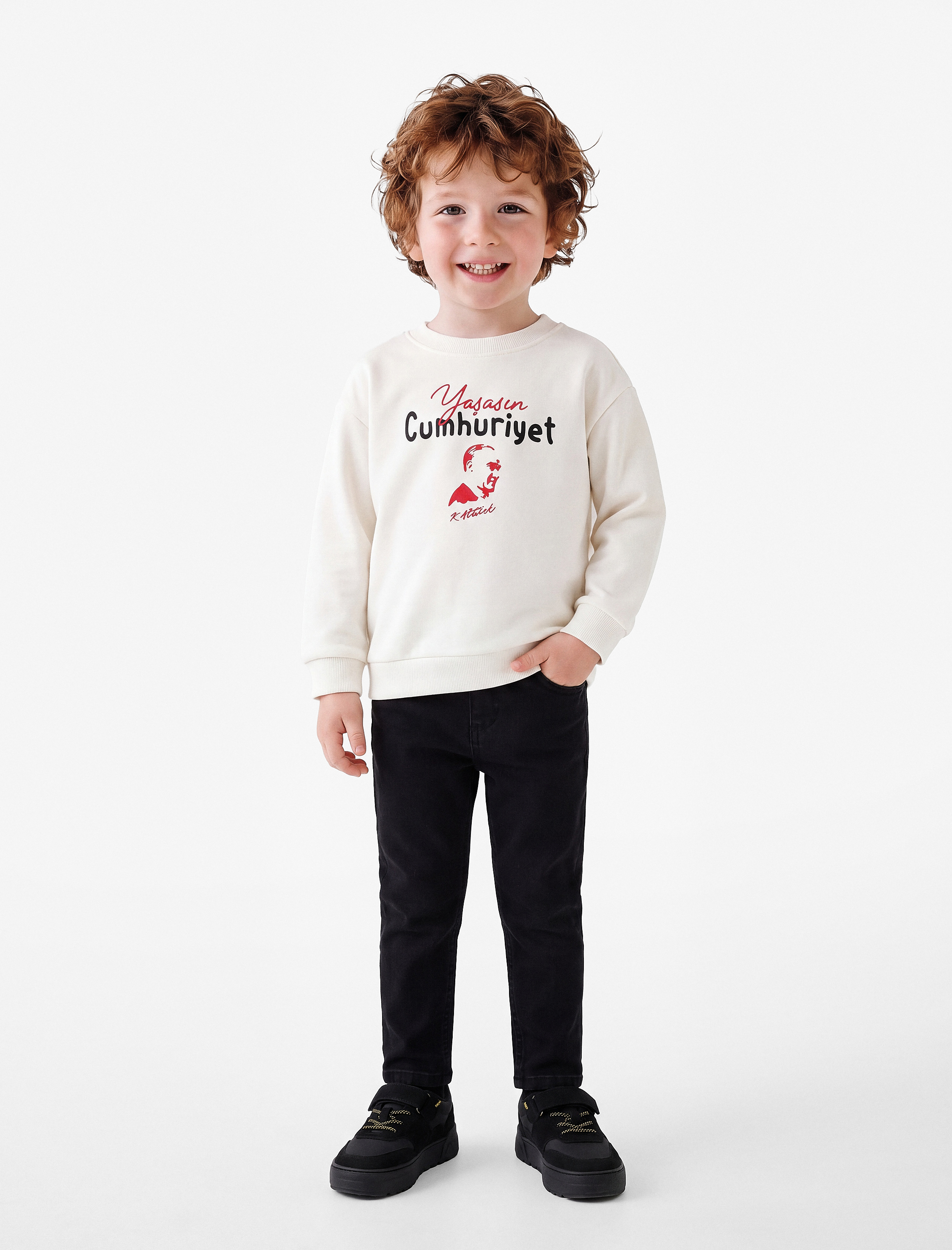  Erkek Bebek Atatürk Baskılı Uzun Kollu Bisiklet Yaka Sweatshirt