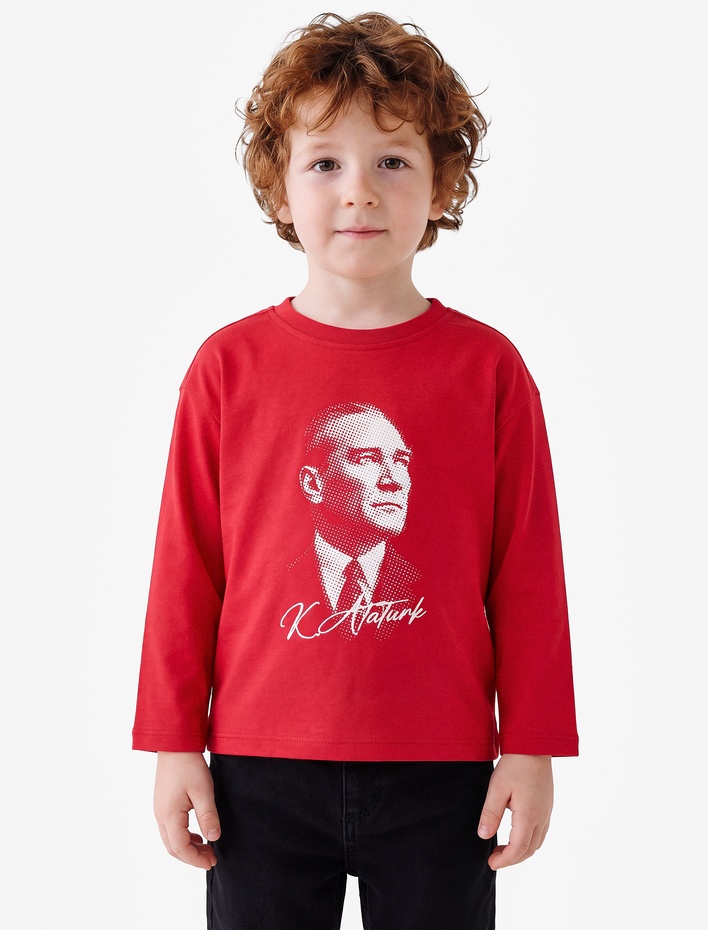 Erkek Bebek Atatürk Baskılı Pamuklu Bisiklet Yaka Uzun Kollu Tişört