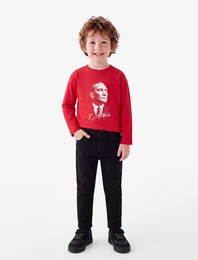 Atatürk Baskılı Pamuklu Bisiklet Yaka Uzun Kollu Tişört