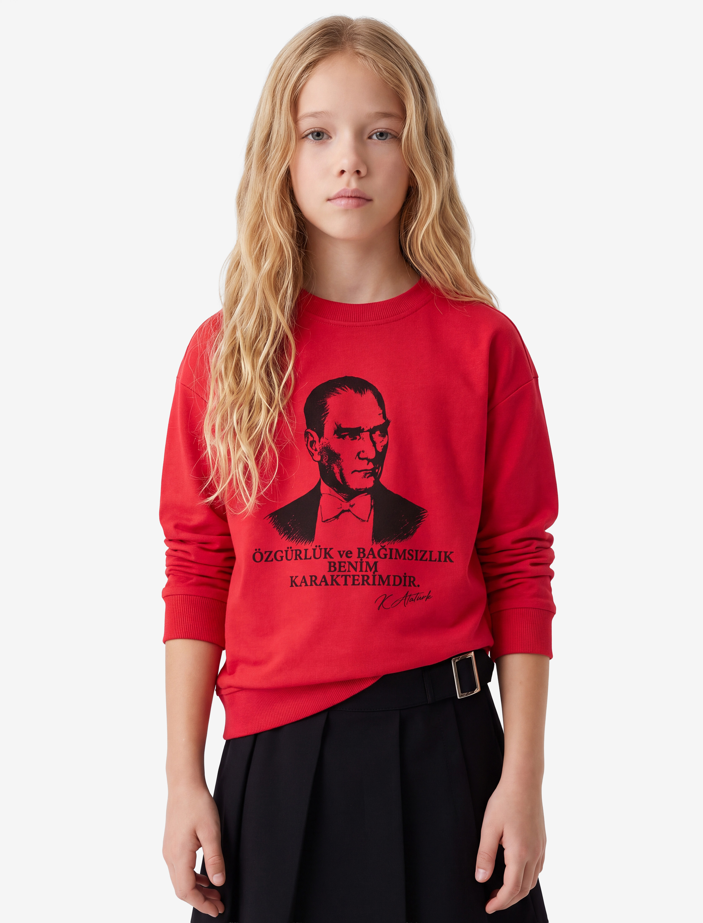  Kız Çocuk Atatürk Baskılı Bisiklet Yaka Uzun Kollu Pamuklu Tişört