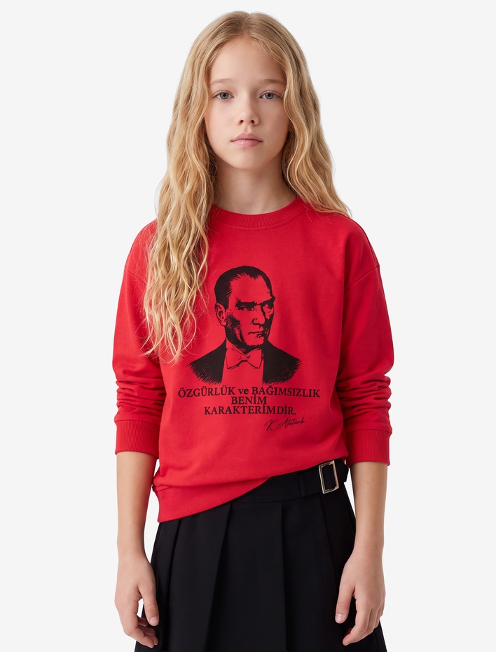 Kız Çocuk Atatürk Baskılı Bisiklet Yaka Uzun Kollu Pamuklu Tişört