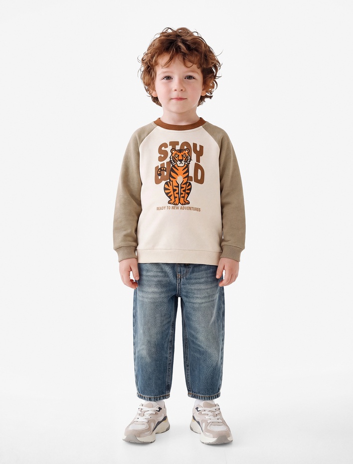 Erkek Bebek Kaplan Baskılı Bisiklet Yaka Uzun Kollu Şardonlu Oversize Sweatshirt