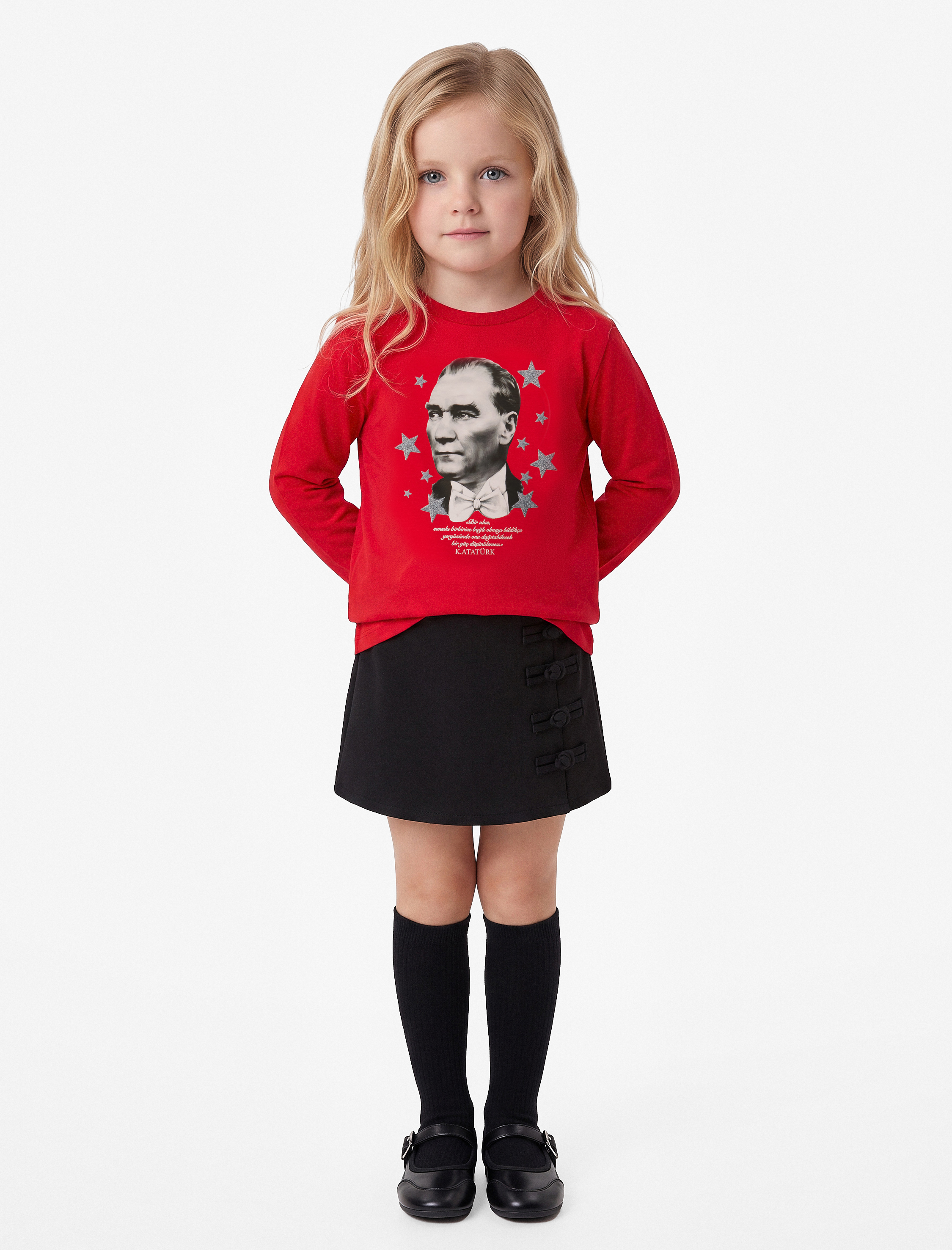  Kız Bebek Atatürk Baskılı Pamuklu Bisiklet Yaka Uzun Kollu Tişört