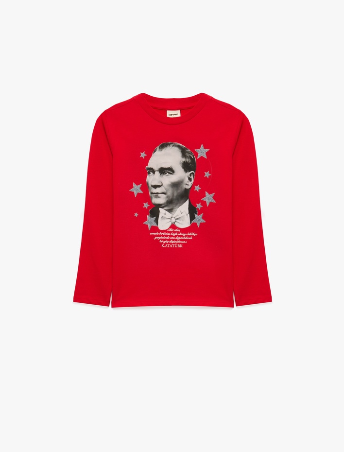 Kız Bebek Atatürk Baskılı Pamuklu Bisiklet Yaka Uzun Kollu Tişört