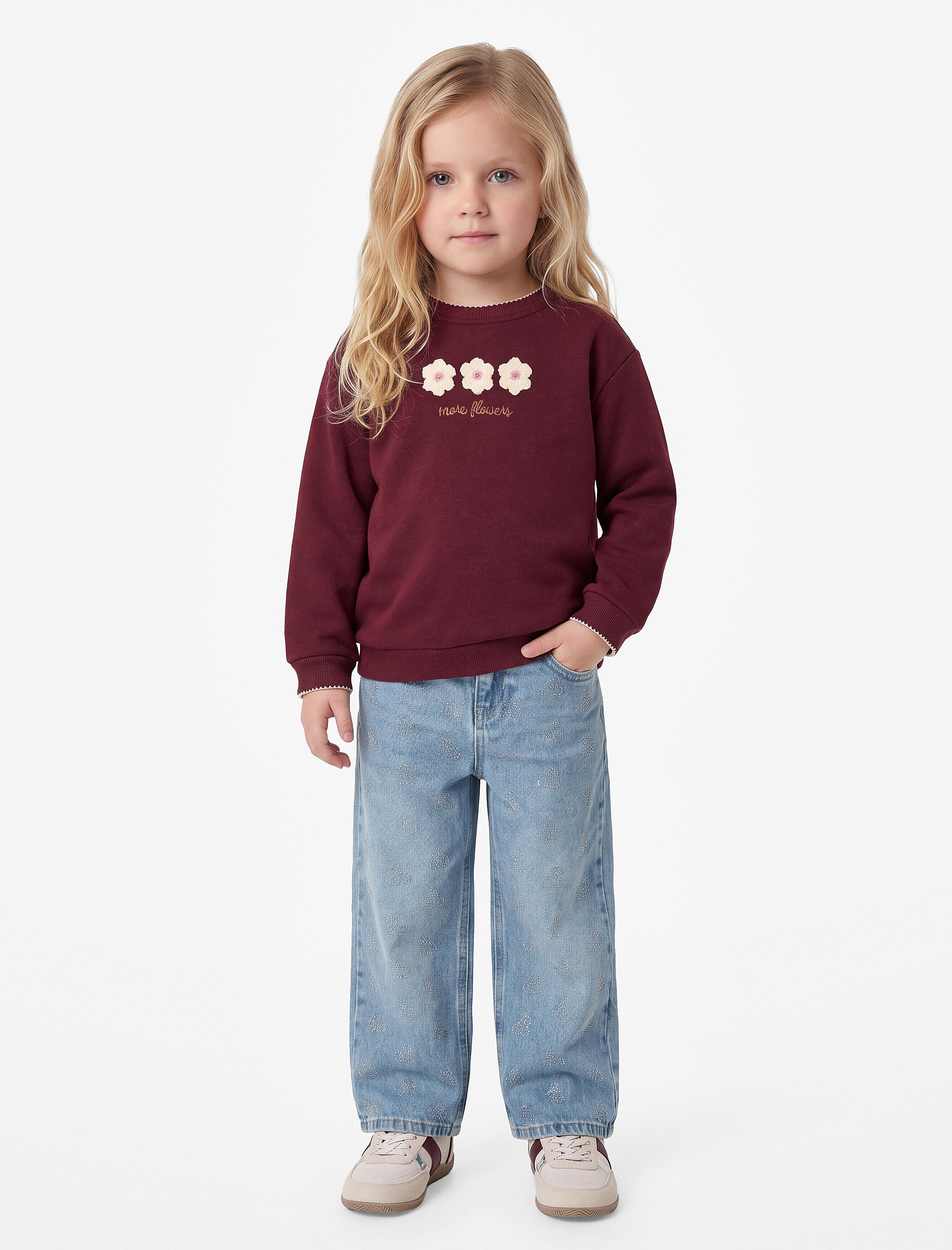  Kız Bebek Çiçek Nakışlı Şardonlu Bisiklet Yaka Uzun Kollu Sweatshirt