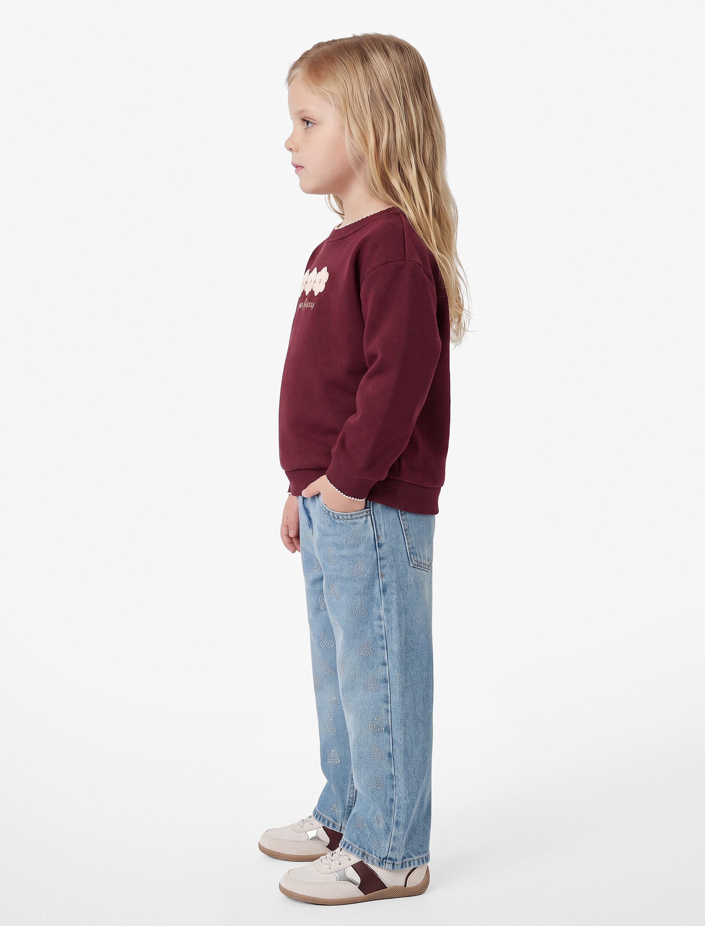  Kız Bebek Çiçek Nakışlı Şardonlu Bisiklet Yaka Uzun Kollu Sweatshirt