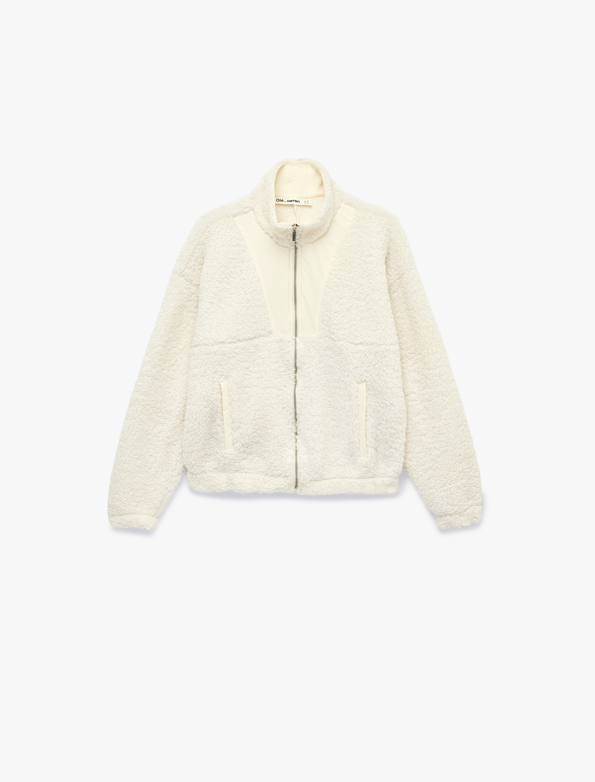   Cepli Dik Yaka Uzun Kollu Fermuarlı Peluş Ceket