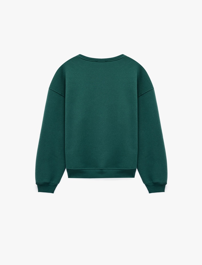  Rahat Kalıp Şardonlu Bisiklet Yaka Uzun Kollu Ayıcık Baskılı Sweatshirt