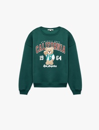 Rahat Kalıp Şardonlu Bisiklet Yaka Uzun Kollu Ayıcık Baskılı Sweatshirt