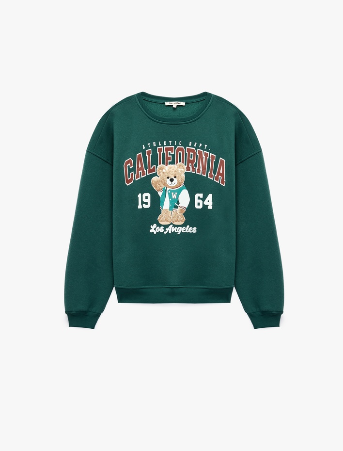 Rahat Kalıp Şardonlu Bisiklet Yaka Uzun Kollu Ayıcık Baskılı Sweatshirt