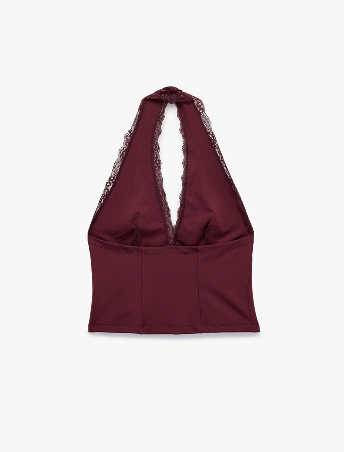  Dantel Detaylı Slim Fit Halter Yaka Kolsuz Bluz