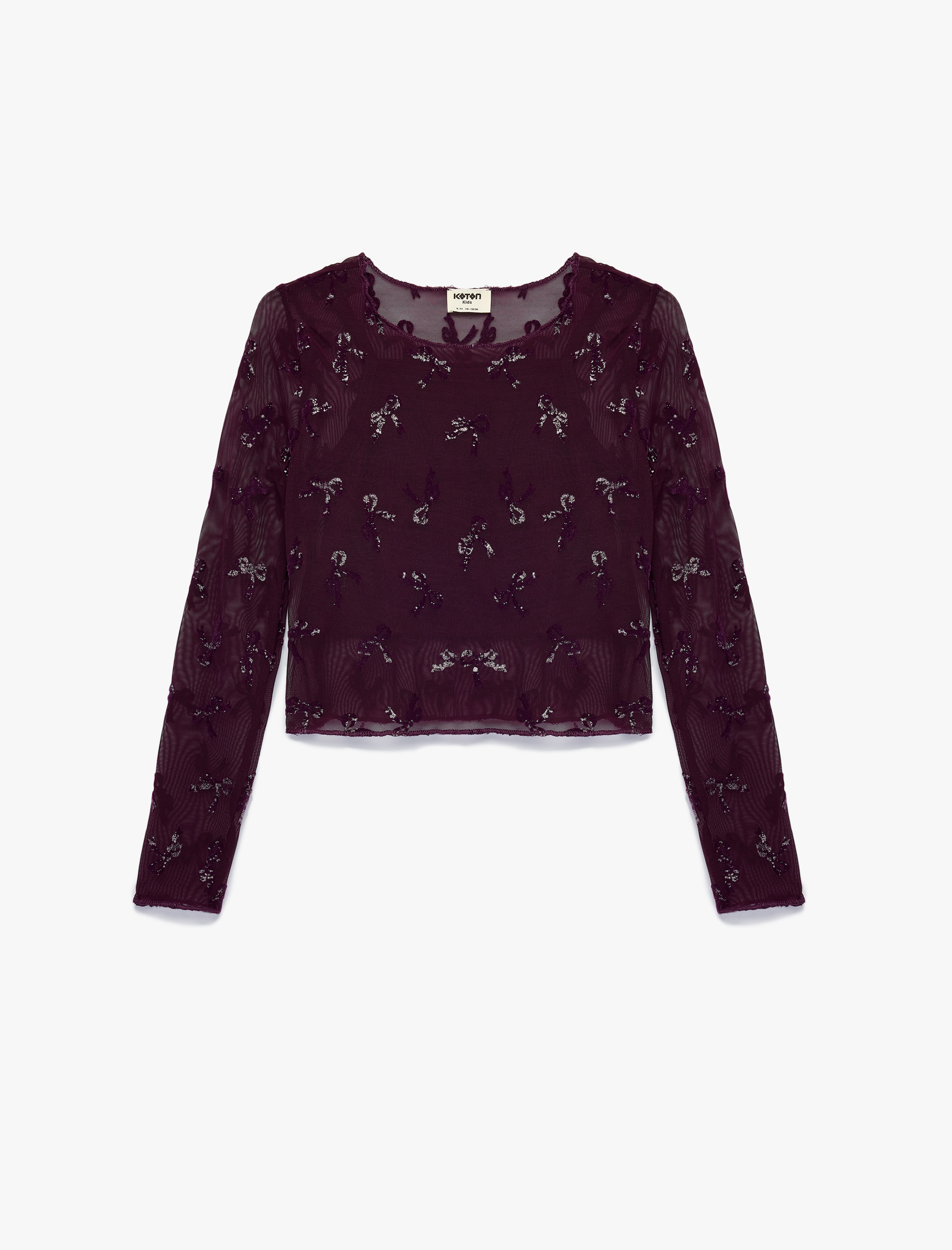  Kız Çocuk Fiyonk Detaylı Uzun Kollu Simli Tül Detaylı Crop Bluz
