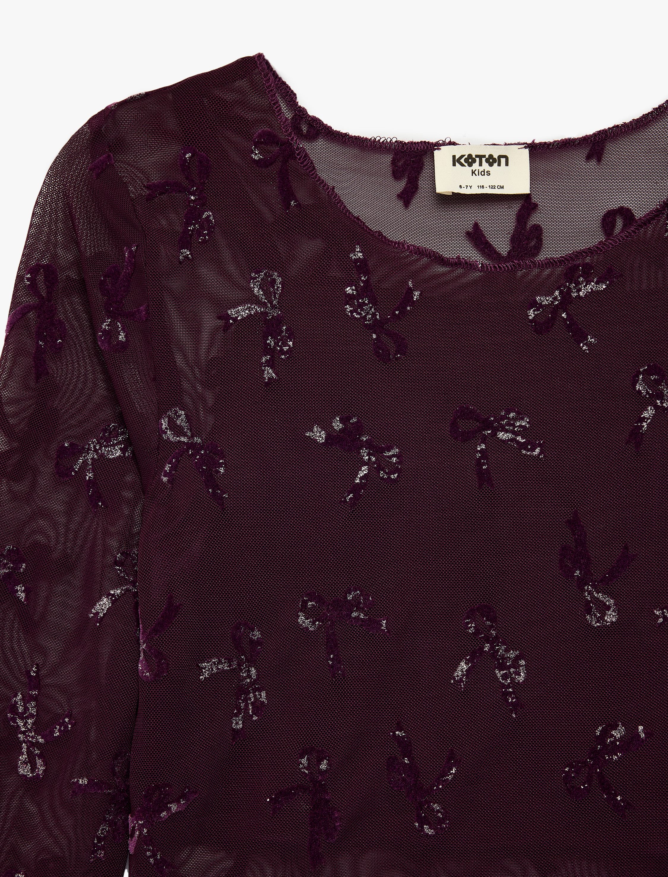  Kız Çocuk Fiyonk Detaylı Uzun Kollu Simli Tül Detaylı Crop Bluz