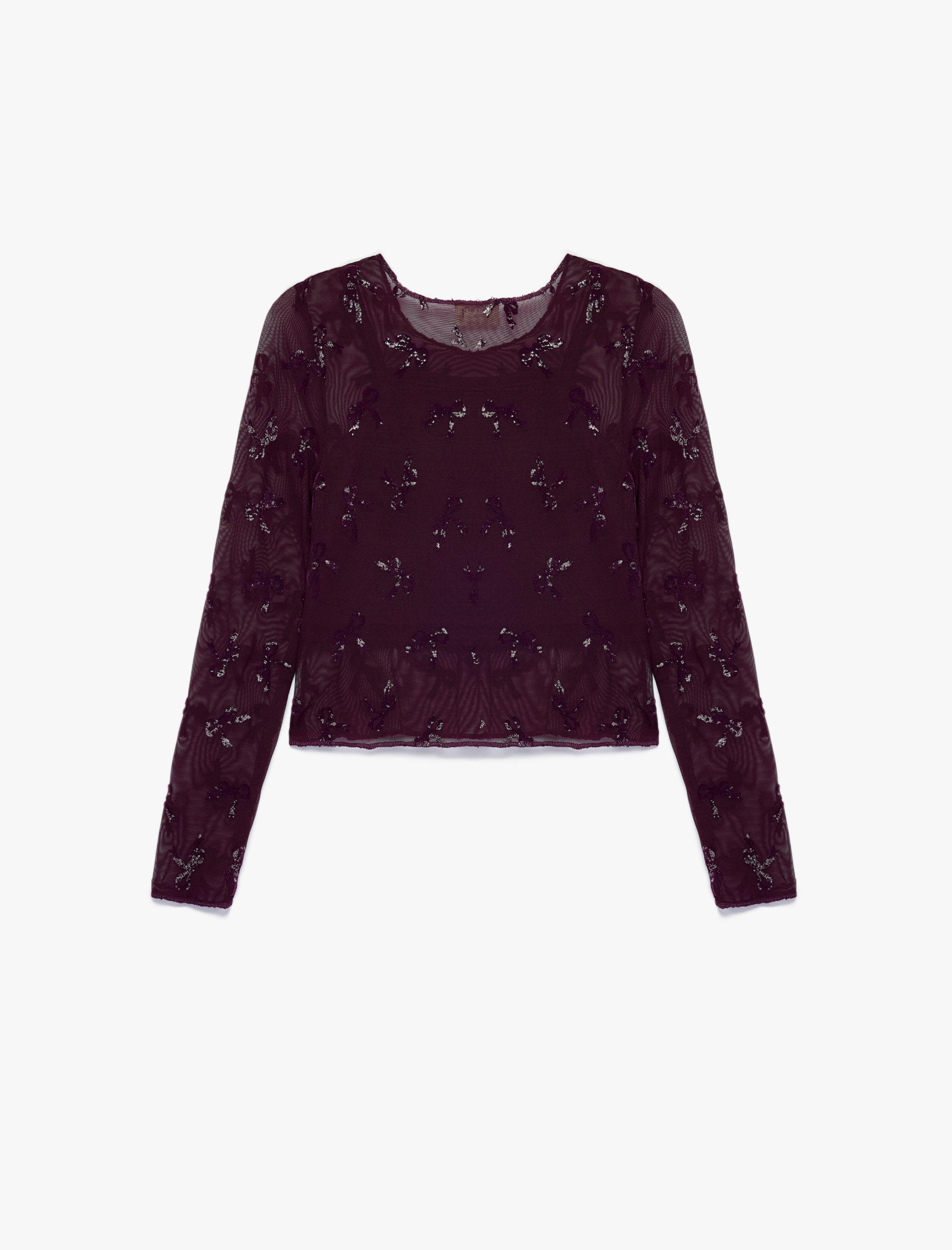  Kız Çocuk Fiyonk Detaylı Uzun Kollu Simli Tül Detaylı Crop Bluz
