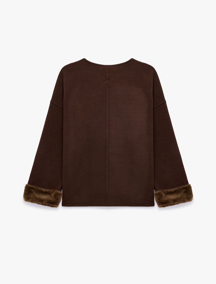 Bisiklet Yaka Uzun Kollu Suni Kürklü Oversize Sweatshirt