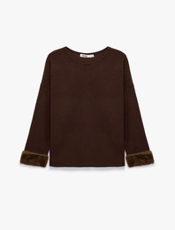 Bisiklet Yaka Uzun Kollu Suni Kürklü Oversize Sweatshirt