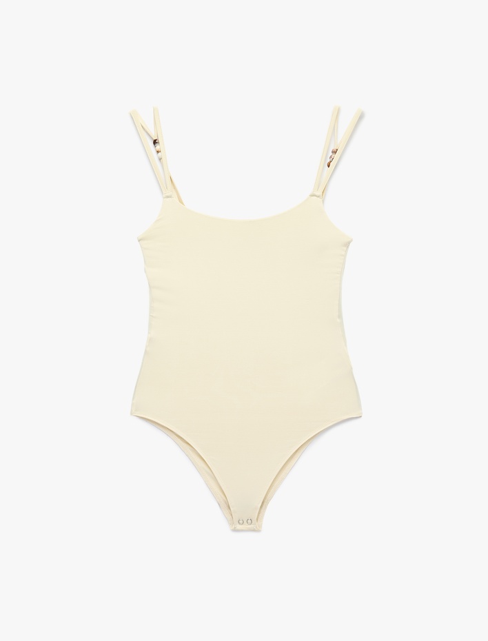  Slim Fit U Yaka Boncuklu Askılı Bodysuit