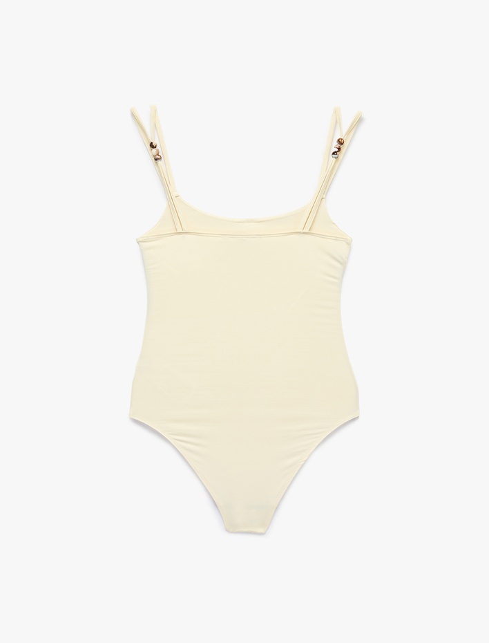  Slim Fit U Yaka Boncuklu Askılı Bodysuit