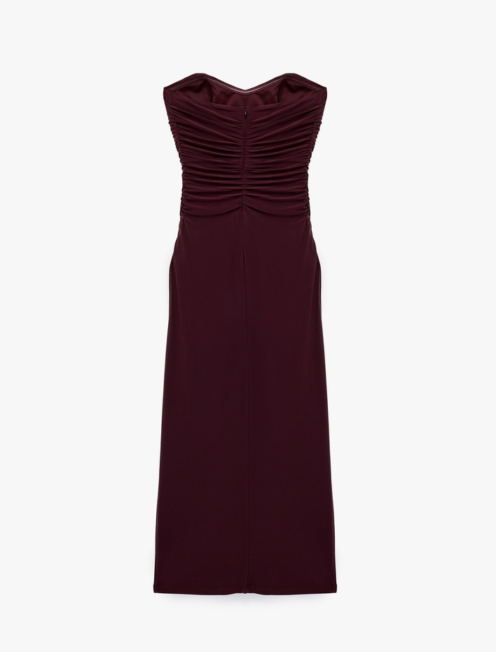  Slim Fit Drapeli Sandy Kumaş Straplez Yaka Uzun Elbise