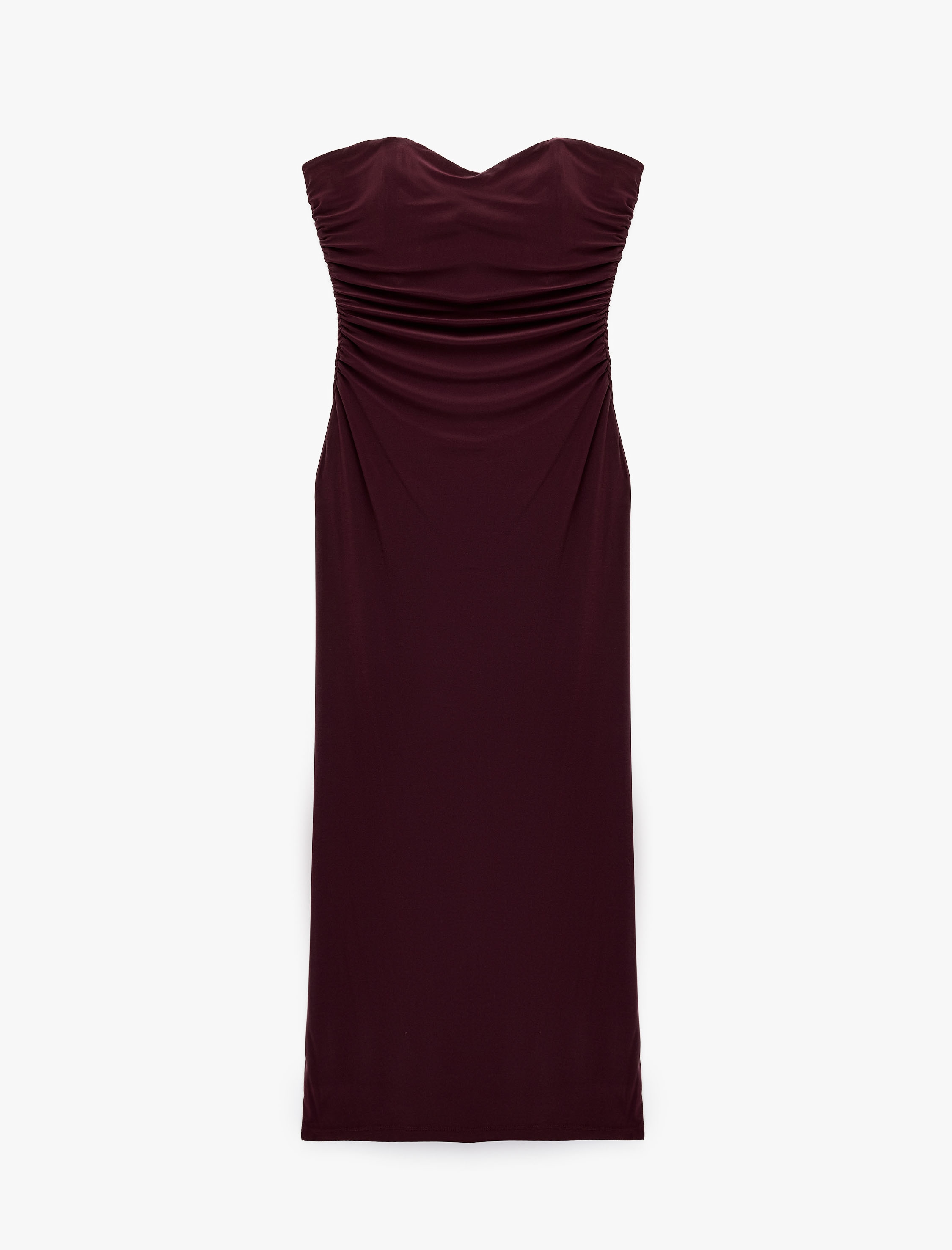   Slim Fit Drapeli Sandy Kumaş Straplez Yaka Uzun Elbise