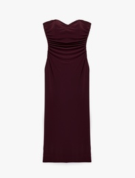 Slim Fit Drapeli Sandy Kumaş Straplez Yaka Uzun Elbise
