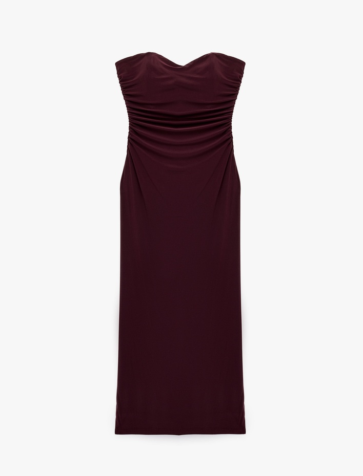  Slim Fit Drapeli Sandy Kumaş Straplez Yaka Uzun Elbise