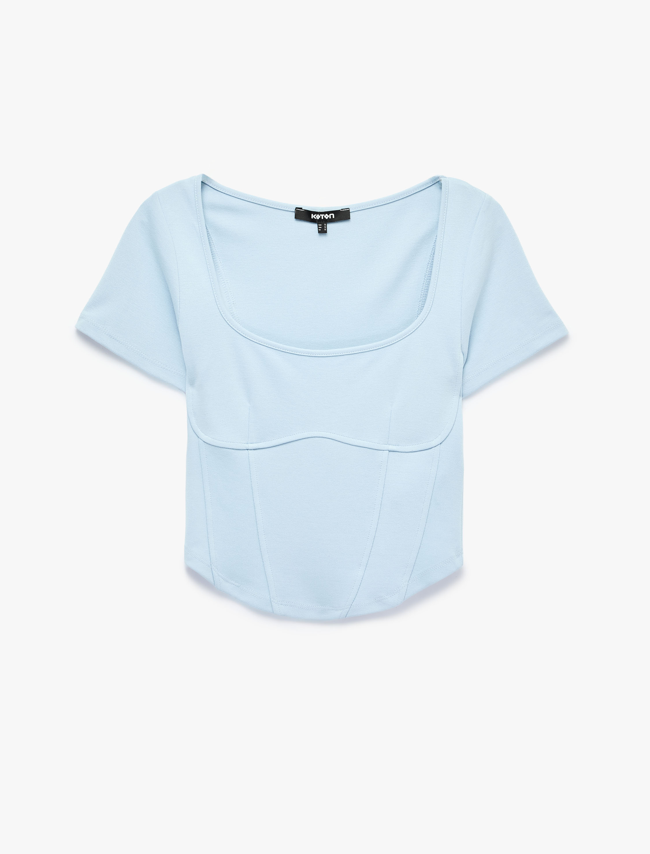   Balenli Slim Fit Korse Detaylı Kare Yaka Kısa Kollu Crop Tişört