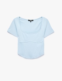 Balenli Slim Fit Korse Detaylı Kare Yaka Kısa Kollu Crop Tişört