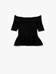 Viskon Omzu Açık Kısa Kollu Peplum Triko Kazak