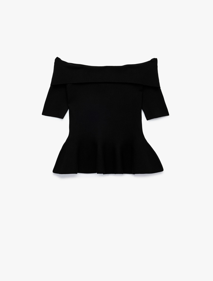  Viskon Omzu Açık Kısa Kollu Peplum Triko Kazak