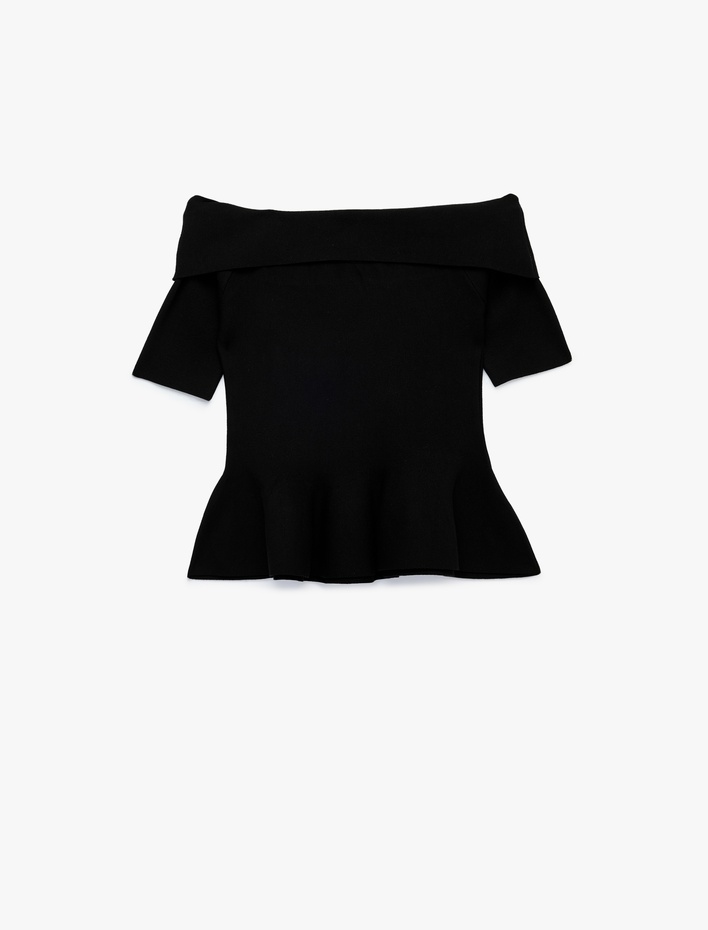  Viskon Omzu Açık Kısa Kollu Peplum Triko Kazak