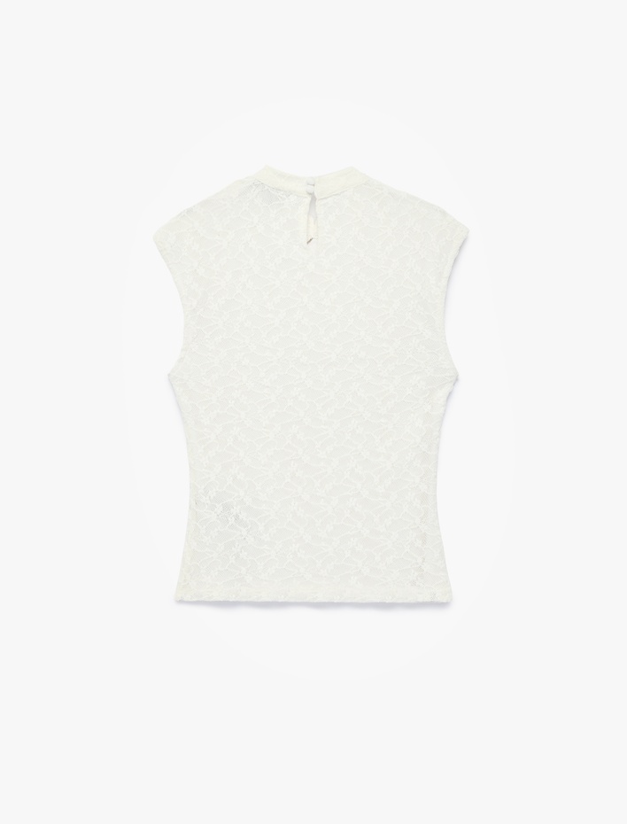  Slim Fit Dik Qipao Yaka Kolsuz Düğmeli Dantelli Bluz