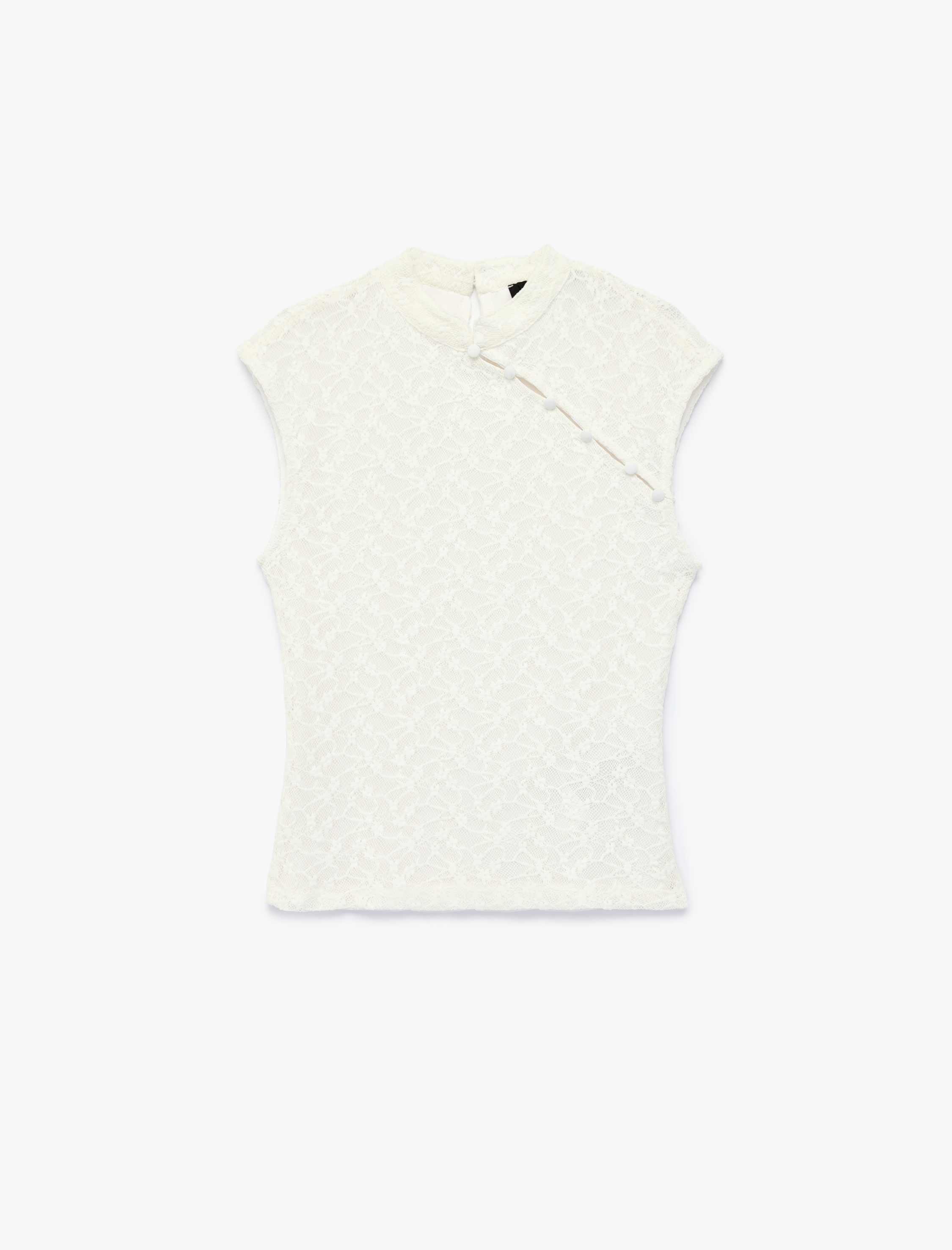   Slim Fit Dik Qipao Yaka Kolsuz Düğmeli Dantelli Bluz