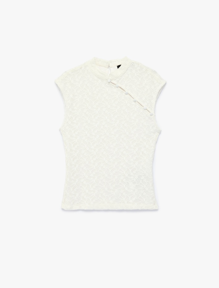  Slim Fit Dik Qipao Yaka Kolsuz Düğmeli Dantelli Bluz