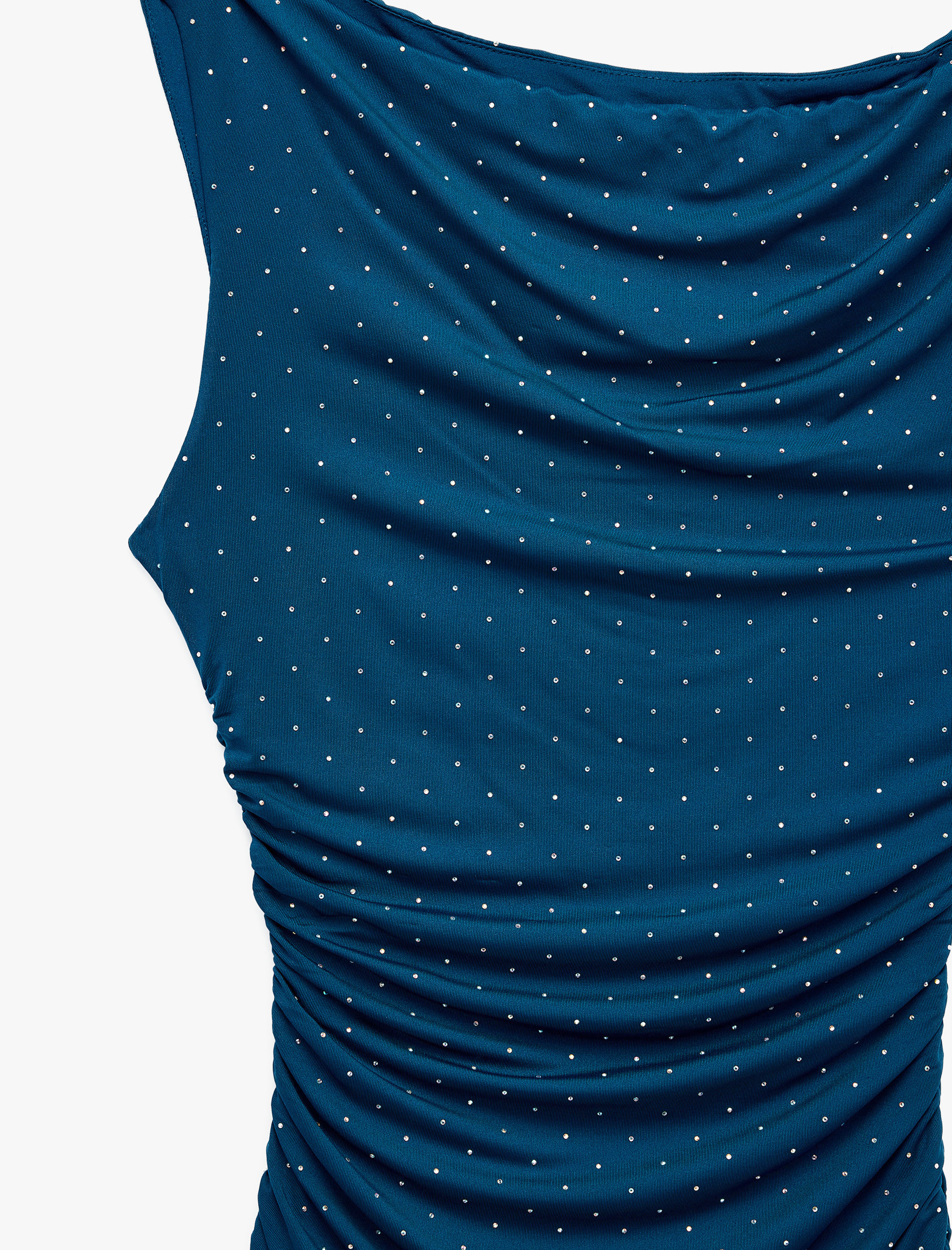   Slim Fit Sandy Kumaş Kolsuz Kayık Yaka Drapeli Mini Taşlı Elbise