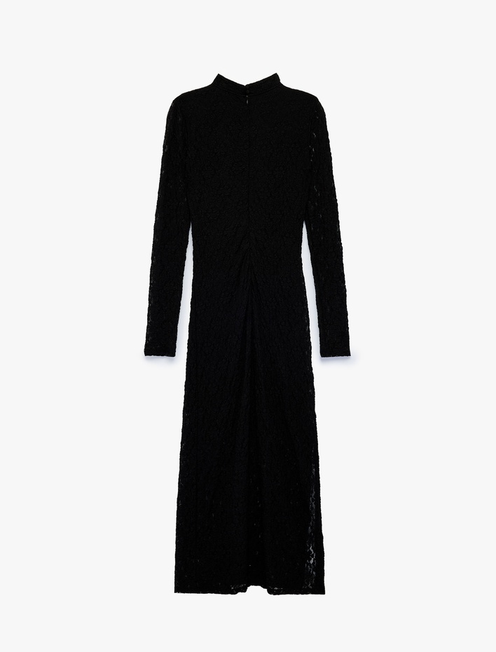  Slim Fit Uzun Kollu Dik Yaka Uzun Dantel Elbise