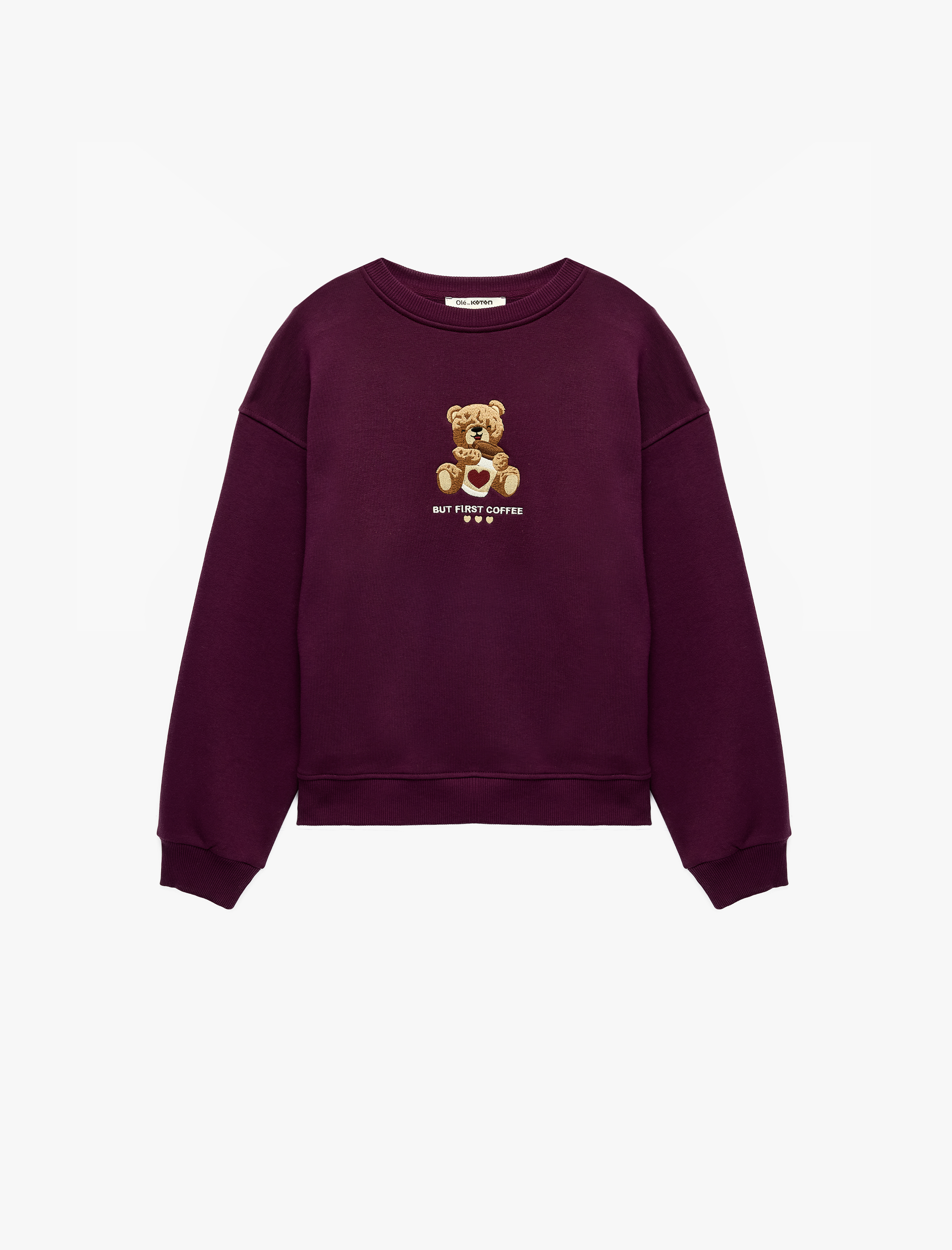   Rahat Kalıp Şardonlu Bisiklet Yaka Uzun Kollu Ayıcık Nakışlı Sweatshirt