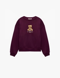 Rahat Kalıp Şardonlu Bisiklet Yaka Uzun Kollu Ayıcık Nakışlı Sweatshirt