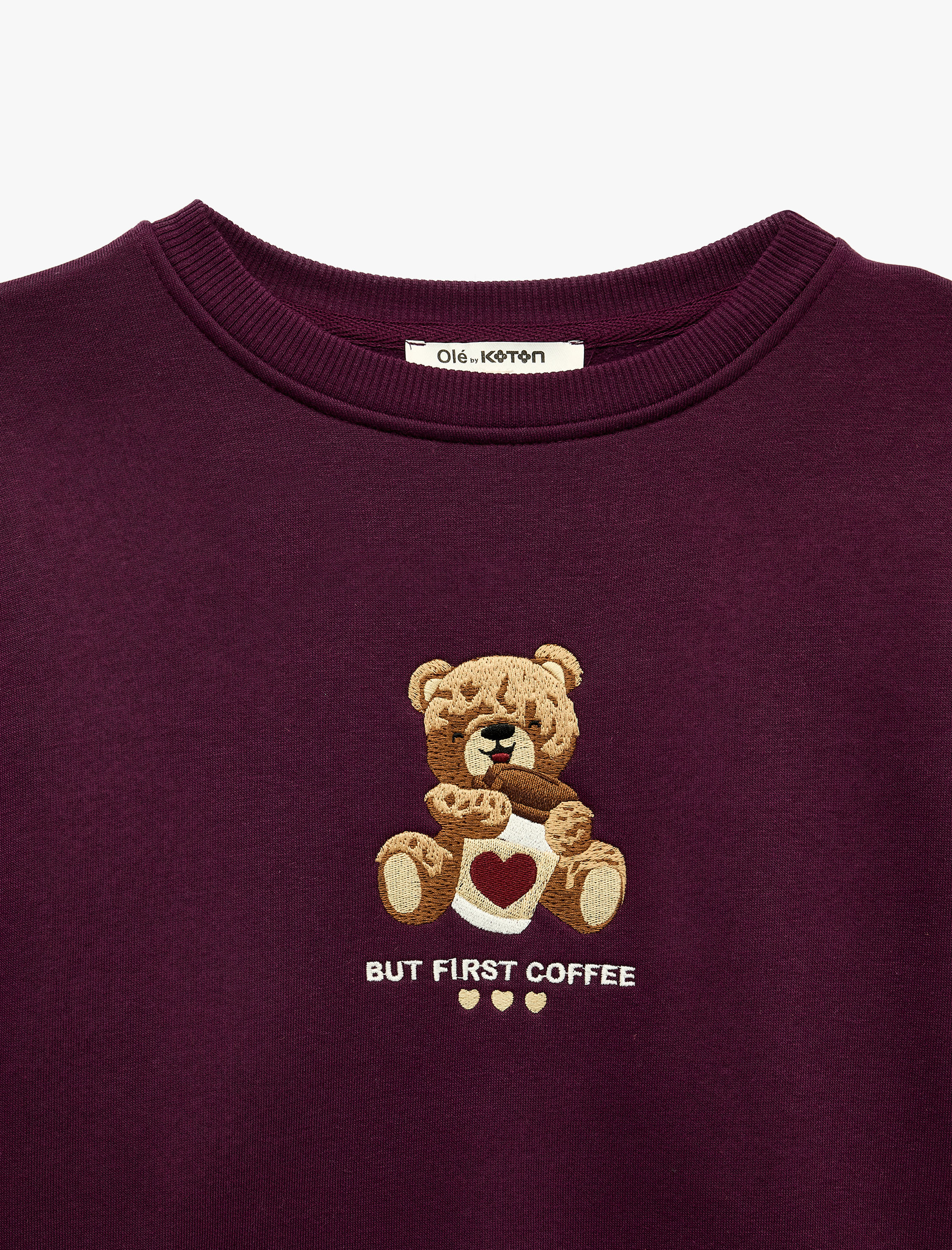   Rahat Kalıp Şardonlu Bisiklet Yaka Uzun Kollu Ayıcık Nakışlı Sweatshirt