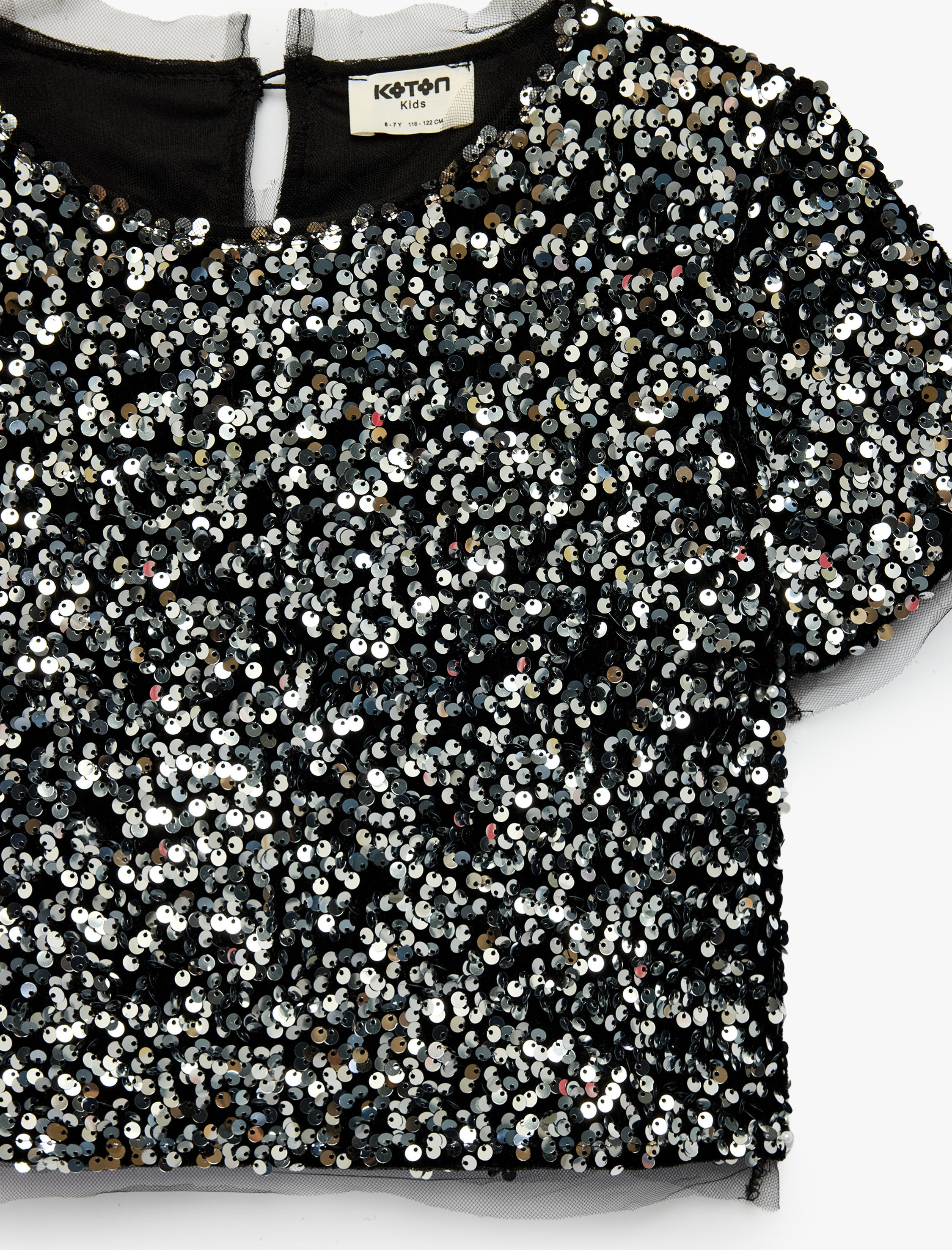  Kız Çocuk Bisiklet Yaka Kısa Kollu Crop Pullu Payetli Bluz
