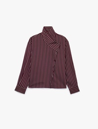Uzun Kollu Mürdüm Rengi Oversize Dik Yaka Çizgili Gömlek
